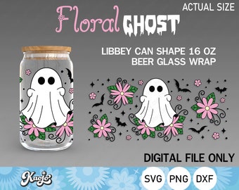 Floral Ghost Can Glass Svg, Halloween Can Glass Svg, Flower Ghost Libbey Can Glass Svg, Full Wrap For Libbey Glass 16 oz ,Cricut, Silhouette