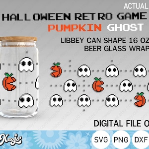 Pumpkin Eat Ghost Can Glass SVG, Halloween Retro Arcade Game Libbey Can Glass SVG, Full Wrap For Libbey Glass 16 oz ,Cricut, Silhouette