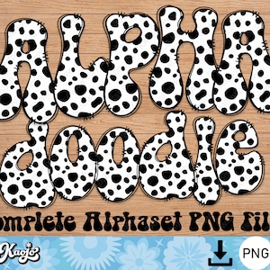 Letras de garabato dálmata PNG, 101 patrón de perro alfabeto mayúscula número minúscula, sublimación dibujado a mano groovy alfabeto conjunto PNG