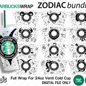 Starbucks Zodiac Wrap Svg Bundle, 12 znaków zodiaku Starbucks Cup Svg, Horoscope Cup Svg, Full Wrap For Starbucks Venti cold Cup 24 oz