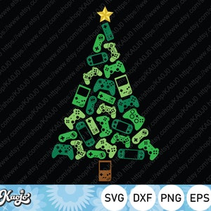 May include: A green Christmas tree made of video game controllers and handheld gaming devices. The tree is decorated with a gold star on top. The text "SVG DXF PNG EPS" is at the bottom of the image.