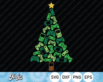 May include: A green Christmas tree made of video game controllers and handheld gaming devices. The tree is decorated with a gold star on top. The text "SVG DXF PNG EPS" is at the bottom of the image.