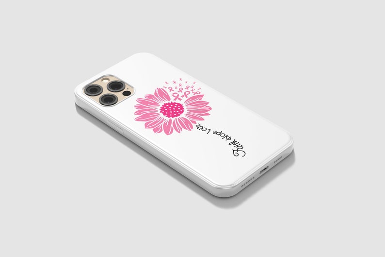 May include: White iPhone case with a pink sunflower design and the text "Faith Hope Love".