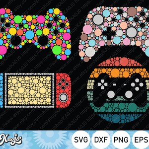 May include: A set of four digital game controller designs made with colorful circles. The designs include a standard controller, a Nintendo Switch, a retro controller, and a modern controller.