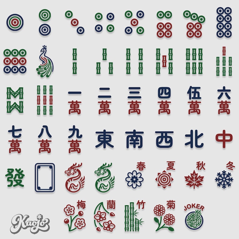 May include: A collection of colorful Mahjong tiles, featuring circles, bamboo, characters, and dragons. The tiles are in shades of green, red, blue, and white, with various symbols and numbers. The word "Joker" is also visible.