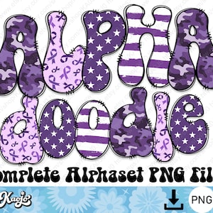 Paquete PNG de letras de garabato púrpura, alfabeto infantil militar maravilloso, número en mayúsculas y minúsculas, conjunto de alfabeto dibujado a mano por sublimación PNG