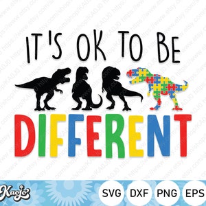 Peut inclure: Il est bien d'être DIFFÉRENT. Un graphique coloré avec le texte "Il est bien d'être DIFFÉRENT" en couleurs arc-en-ciel. Deux silhouettes noires de dinosaures et un dinosaure fait de pièces de puzzle en couleurs arc-en-ciel.
