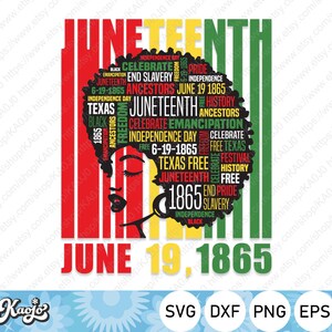 May include: A digital design featuring a silhouette of a Black woman with an afro hairstyle. The background is a red, yellow, and green striped pattern. The design includes the words "Juneteenth" and "June 19, 1865" in large, bold letters. The design also includes a word cloud of terms related to Juneteenth, such as "freedom", "independence", "emancipation", and "Texas".