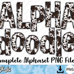 Cowhide Country Doodle Letters PNG Bundle, Entire Doodle Alphabet Uppercase Lowercase Number, Sublimation Hand Drawn Doodle Alphabet Set PNG