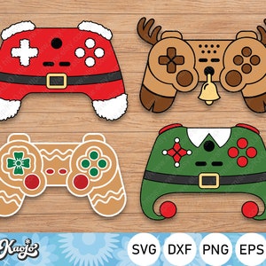 May include: Four different designs of a video game controller, each with a festive Christmas theme. The controllers are decorated as Santa Claus, a gingerbread man, an elf, and a reindeer.