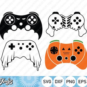 May include: Four different Halloween-themed designs for a video game controller. The designs include a ghost, a skull, a pumpkin, and a standard controller.