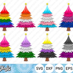 May include: Eight colorful Christmas tree designs with various pride flag color schemes. Each tree has a star on top and a brown trunk. The bottom of the image includes the text "Kaojo" and file type icons.