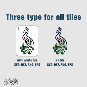 May include: A digital design featuring a peacock illustration in navy blue, red, and green. The image includes the text "Three type for all tiles" and options for "With white tile" and "No tile" designs, with file format options.