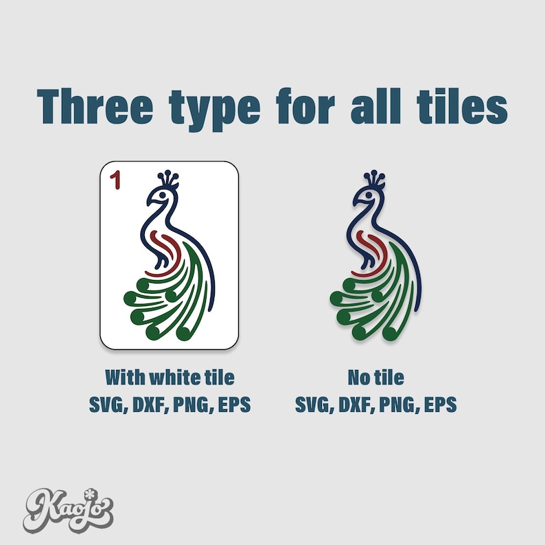 May include: A digital design featuring a peacock illustration in navy blue, red, and green. The image includes the text "Three type for all tiles" and options for "With white tile" and "No tile" designs, with file format options.