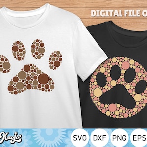 Op de afbeelding: Twee digitale ontwerpen van een pootprint gemaakt van bruine en beige cirkels. Het eerste ontwerp is op een wit T-shirt en het tweede ontwerp is op een zwart T-shirt. De tekst "DIGITAL FILE ONLY" staat bovenaan de afbeelding. De tekst "SVG DXF PNG EPS" staat onderaan de afbeelding.