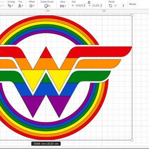 May include: A rainbow-coloured Wonder Woman logo with a white outline. The logo is made up of seven different colours: red, orange, yellow, green, blue, indigo, and violet. The logo is surrounded by a rainbow-coloured circle.