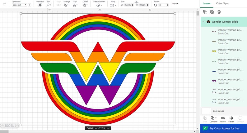 May include: A rainbow-coloured Wonder Woman logo with a white outline. The logo is made up of seven different colours: red, orange, yellow, green, blue, indigo, and violet. The logo is surrounded by a rainbow-coloured circle.
