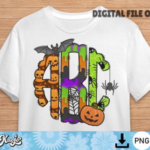 Halloween Doodle Monogram Letter PNG, Pumpkin, Spider, Trick or Treat Alphabet with Clip Art PNG, Sublimation Hand Drawn Doodle Alphabet Set