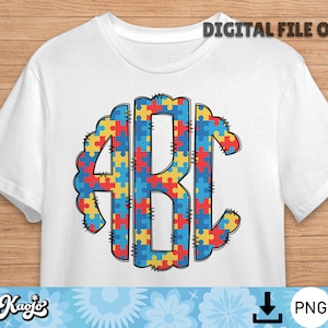 Autism Doodle Monogram Letter PNG, Colorful Puzzle Pieces Alphabet with Clip Art PNG, Sublimation Hand Drawn Doodle Alphabet Set