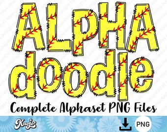 Softball Doodle Letters PNG Bundle, Entire Doodle Alphabet Uppercase Lowercase Number, Sublimation Hand Drawn Doodle Alphabet Set PNG