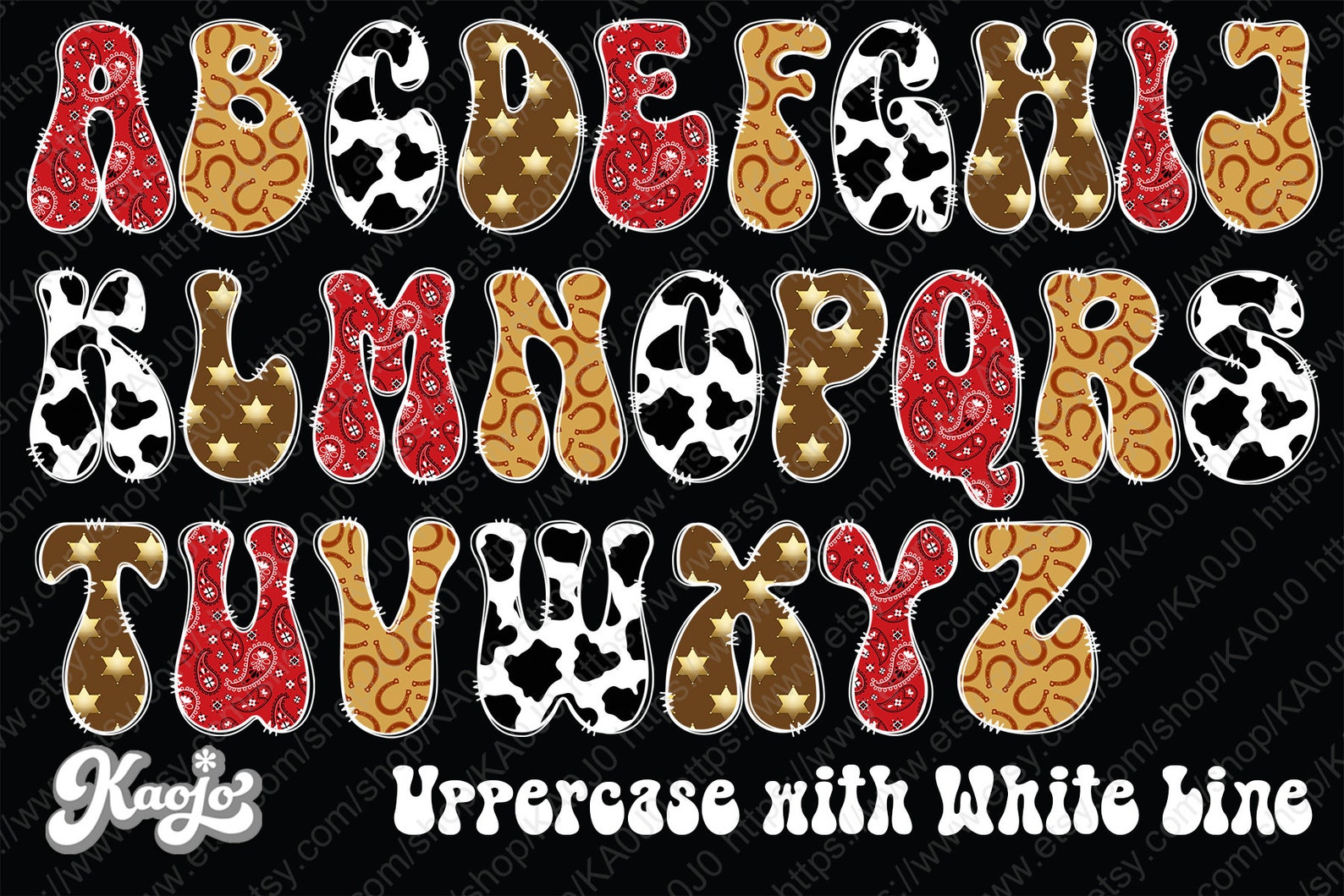 Country Doodle Letters PNG Bundle, Western Groovy Alphabet Uppercase ...