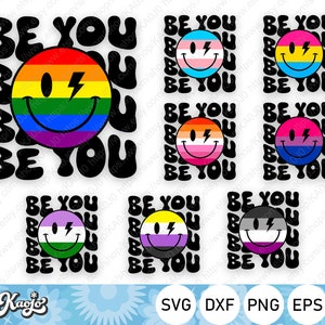 May include: A set of 7 digital cut files featuring a smiley face with a lightning bolt in the eye. Each smiley face is surrounded by the text "BE YOU" in a retro font. The smiley faces are in different colours representing various pride flags: rainbow, transgender, pansexual, bisexual, lesbian, genderqueer, and asexual.