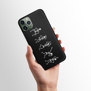 May include: Black phone case with a white design of five skeletons dancing.