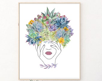 Succulent Head Art Print: Plant Lady Desert Wall Decor (Digital Download)