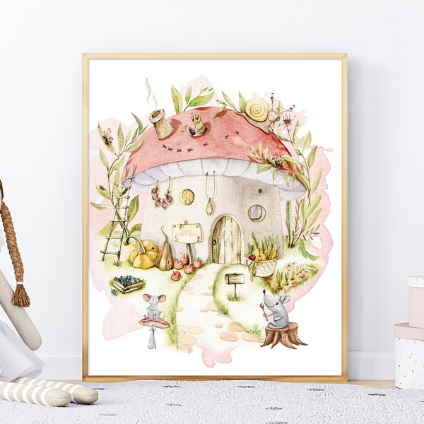 Mushroom House Decor, Cottagecore Print, PRINTABLE WALL ART, Girls Nursery Prints, Whimsical Nursery Wall Art, Girls Room Poster Art, Best