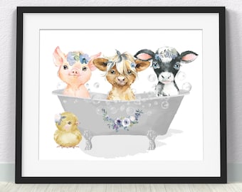 Farm Animal Bathtub Print: Kid&#39;s Bathroom Wall Art (Digital Download)