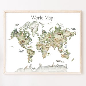 Weltkarte der Welt mit Tieren, Weltkarte der Welt, DRUCKBARE WANDKUNST, Spielzimmer Kunstwerk, pädagogisches Poster für Kinder, Aquarell Zimmer Dekor