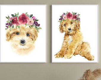 Goldendoodle Prints, Dog PRINTABLE WALL ART, Puppy Posters Gift for Dog Lover, Dog Nursery Print, Doodle Wall Printable, Floral Dogs Print