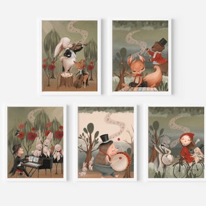 Musical Animal Nursery Prints: Neutral Woodland Art (Digital Download)