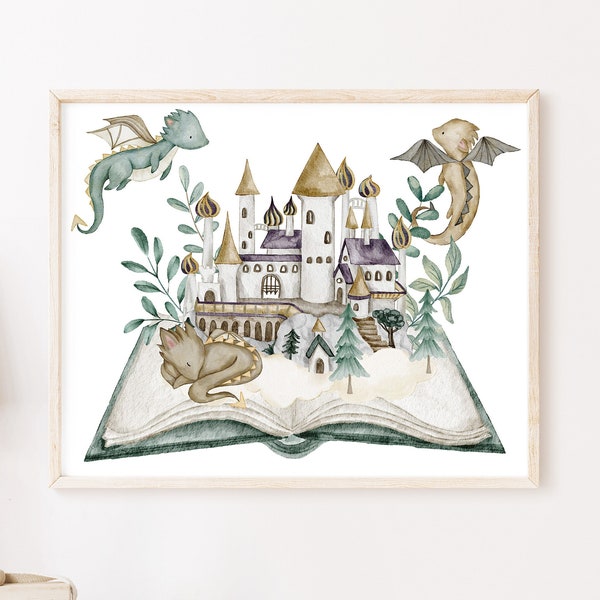 Dragon Baby Wall Print, PRINTABLE ART, Boys Room Poster, Castle Print, Magical Book, Nursery Decor, Fairytale Kids Room, Dragon Themed room