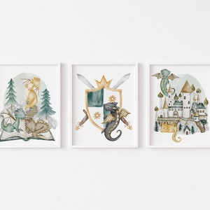 Láminas de pared de dragón bebé, arte imprimible, póster para habitación de niño, impresión de castillo, escudo de armadura, decoración mágica para habitación de niño, habitación infantil de cuento de hadas