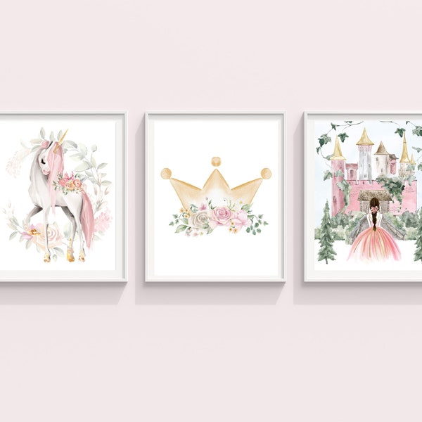 Princess Wall Print, Unicorn Wall Decor, Castle Print, Floral Girls Room Decor, PRINTABLE WALL ART, Magical Set of 3, Fairytale Prints Girls