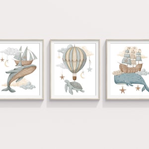 Flying Whale Nursery Print, PRINTABLE WALL ART, Boy Room Decor, Sky Poster, Turtle Hot Air Balloon, Celestial Kids Art, Nautical Ship Print,