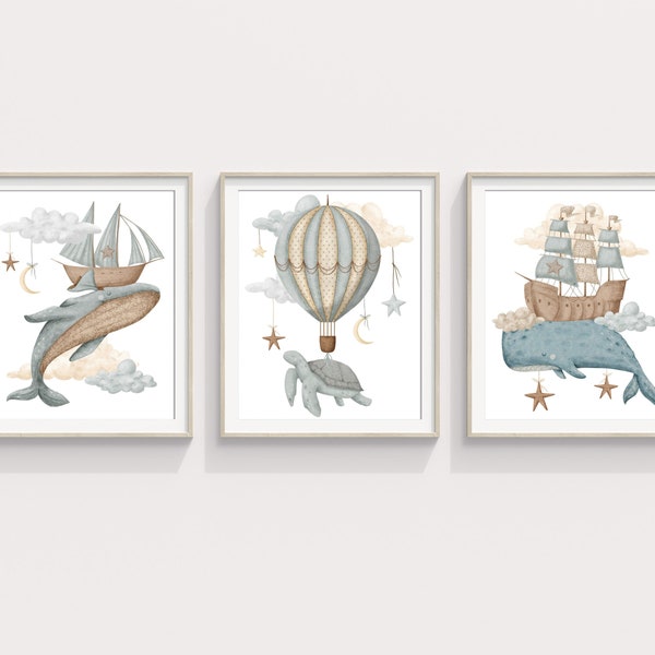 Flying Whale Nursery Print, PRINTABLE WALL ART, Boy Room Decor, Sky Poster, Turtle Hot Air Balloon, Celestial Kids Art, Nautical Ship Print,