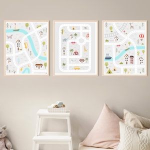 Kwekerij wegenkaart print, AFDRUKBARE KUNST AAN DE MUUR, genderneutrale posters, decor kinderspeelkamer, educatieve print, stadsplattegrond, transportkunstwerk