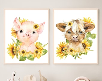 Floral Farm Animal Nursery Prints: Highland Cow & Pig (Digital Download)