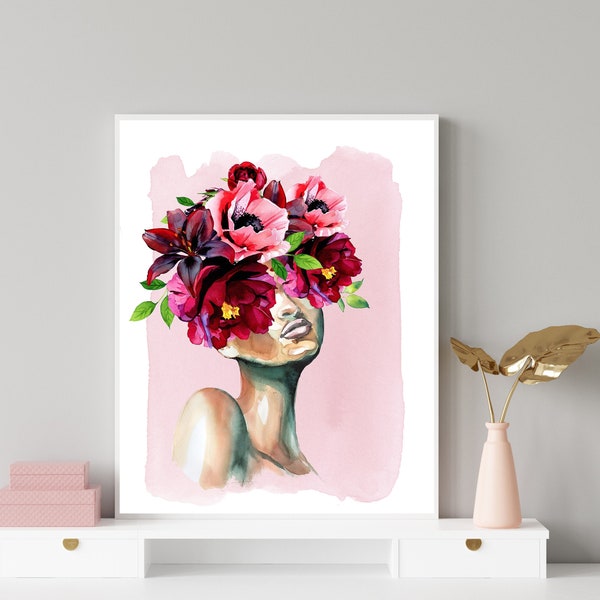 Head of Flowers, Flower Head Print, PRINTABLE WALL ART, Modern Wall Decor, Female Wall Art, Feminine Wall Decor, Woman with Flowers Wall Art