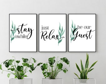 Guest Room PRINTABLE WALL ART, Be Our Guest Print, Stay Awhile Prints, Prints for AirBnB, Set of 3, Guest Room Decor, Quote Printable Art