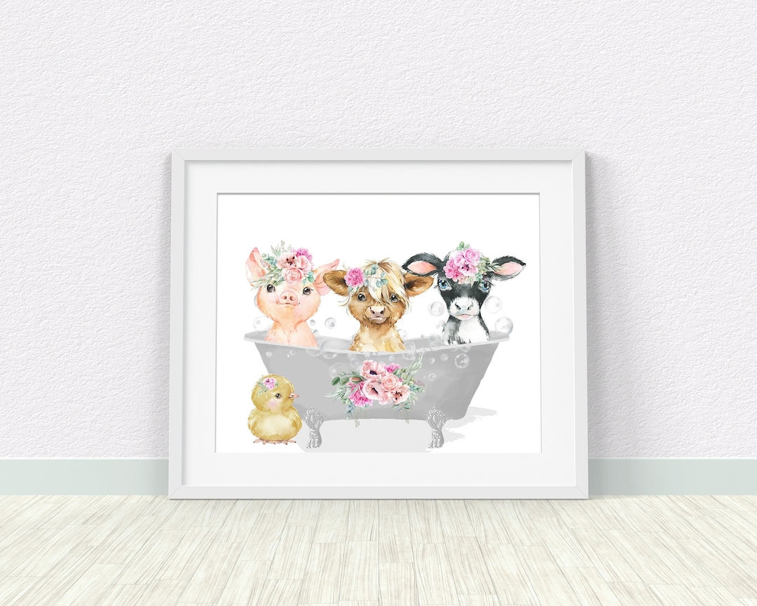 Farm Animal Bathtub Print, Pink Floral Animals, Girls Bathroom Decor