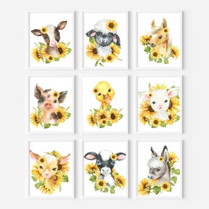 Gravuras de animais de fazenda para berçário, arte de parede para impressão neutra para berçário, berçário infantil de fazenda, filhotes de animais florais, impressões de parede de girassóis, conjunto de 9