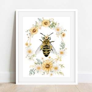 Sunflower Bee Watercolor Print: Floral Honeybee Wall Art (Digital Download)