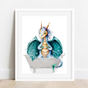 Stampa artistica con vasca da bagno a forma di drago: decorazione per il bagno dei bambini (download digitale)