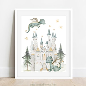 Dragon Baby Wall Prints, PRINTABLE ART, Boys Room Poster, Castle Print, Magical Boys Nursery Decor, Fairytale Kids Room, Dragon Themed room