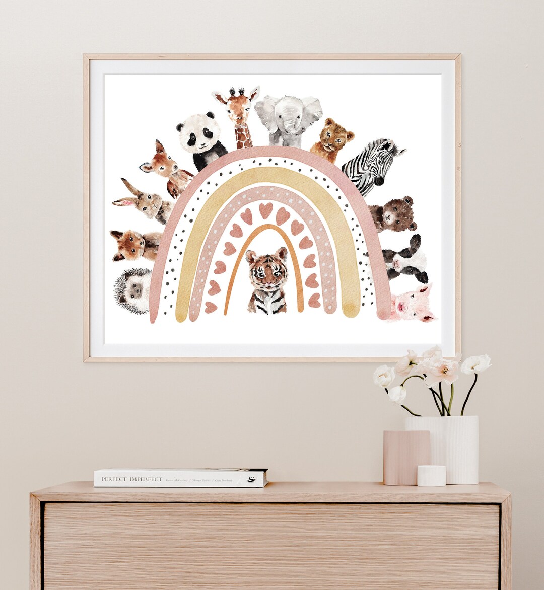 Boho Rainbow Animal Wall Print, Forest Animal Print, Woodland Neutral