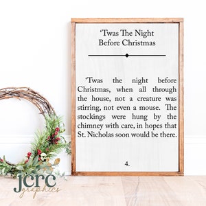 Peut inclure: Une pancarte en bois avec un fond blanc et du texte noir. La pancarte indique "'Twas The Night Before Christmas." Le texte est tiré du poème de Noël classique "'Twas The Night Before Christmas."