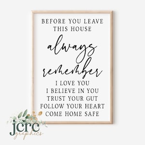 Antes de salir de esta casa recuerda siempre que te amo, creo en ti, vuelve a casa sano y salvo SVG / Letrero de entrada svg / Letrero de granja moderno